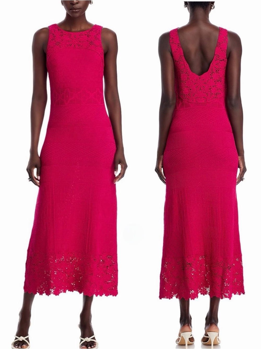 Elie Tahari The Josephine Women’s Knit Crocket Lace Column Midi Dress Pink Small